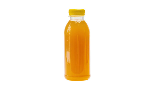 Clear plastic bottle filled with orange juice and yellow cap