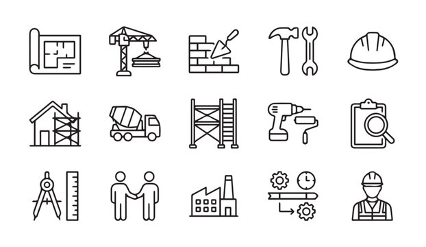 Construction and industrial engineering line icons collection with construction