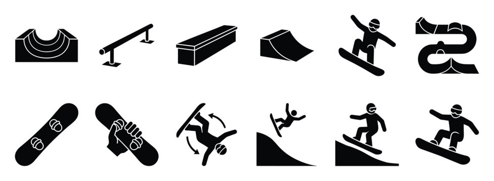 Snowboarding icons featuring snowpark obstacles like halfpipe, rail, box, ramp, quarter pipe, and snowboarders performing various tricks for extreme winter sport graphics