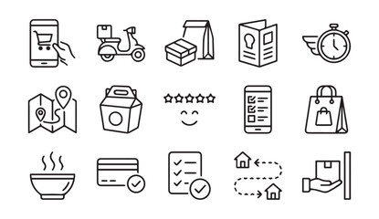 Fototapeta premium Online food delivery and e commerce service line icon set with e commerce