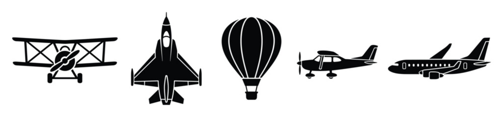 Naklejka premium A collection of various stylized aircraft and a hot air balloon silhouettes suitable for travel and aviation themed projects or graphic design elements