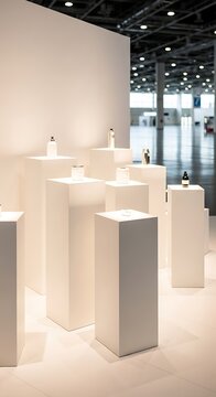 Minimalist product display with elegant bottles on white pedestals in a modern exhibition space