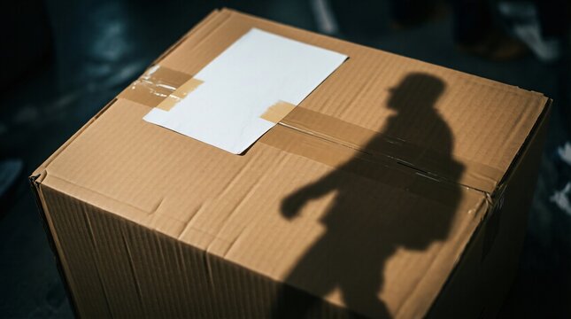 Cardboard box with blank white label and human silhouette shadow