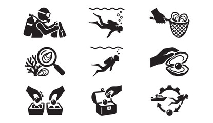 Fototapeta premium Scuba diving pearl harvesting treasure hunting vector icons collection