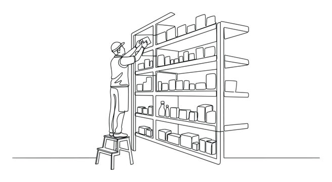 Diligent worker carefully stocking products on tall retail shelves using a step stool, ideal for showcasing warehouse management, inventory control, and efficient store operations.