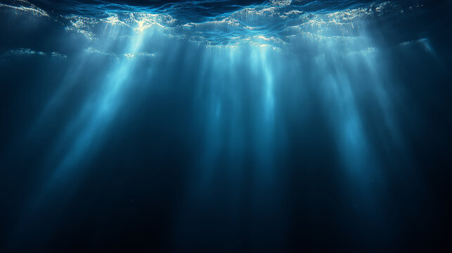 Abstract underwater light rays shining through deep blue water creating a calm atmosphere.
