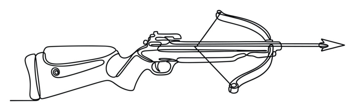 Continuous line drawing of a modern crossbow weapon with an arrow ready for shooting, perfect for hunting, sports, outdoor activities, or minimalist graphic designs.