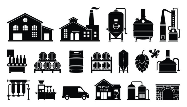 Brewery and distillery production vector icons illustrating beverage manufacturing process, equipment, and facilities suitable for industrial diagrams and educational materials.