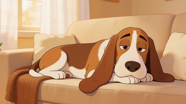 Sad Basset Hound Dog Sleeping Comfortably on a Cozy Couch.