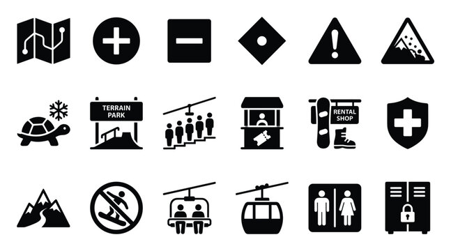 Comprehensive collection of ski resort and mountain activity icons for various informational signage, mapping applications, and user interface designs