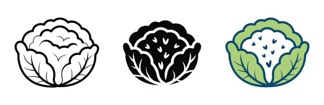 Set of cauliflower icons in line art, solid black, and green with rain isolated on transparent background, modern flat and outline styles for organic farming