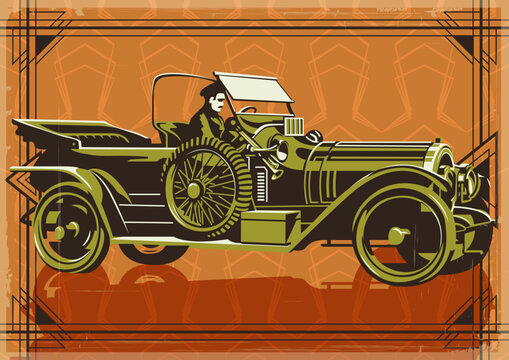1920s Automobile Poster, Retro Car Vector Illustration, Old Vehicle, Art Deco Frame. Gatsby Style Car from the Roaring Twenties