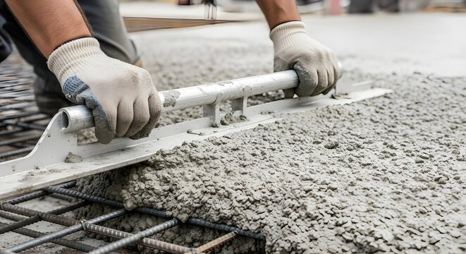 Construction worker leveling wet concrete with a screed tool on a steel rebar mesh reinforcement for a new building foundation floor slab