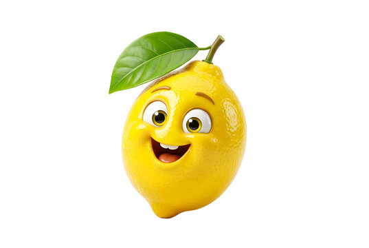 Cartoon Lemon Character with Smiling Face and Leaf on Transparent Background