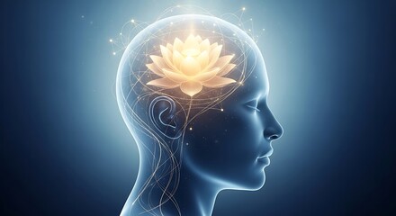 Obraz premium Illuminated lotus flower within a human profile, glowing neural network