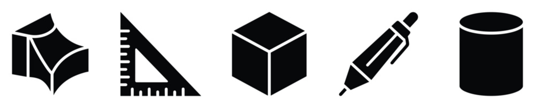 Stylized solid black icons for fundamental geometric shapes and essential drafting instruments offering versatile visual assets for educational content and professional architectural