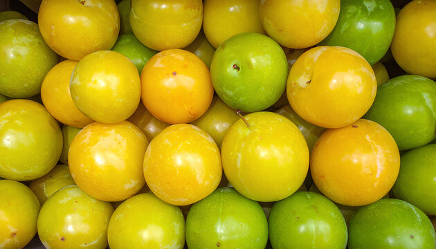 green and yellow greengage plums harvest background.
