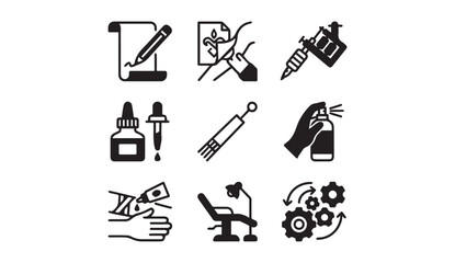 Fototapeta premium Tattoo art studio and body modification process line icons set with modification