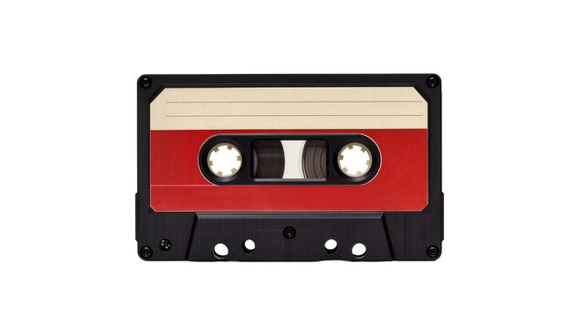 Red and Black Audio Cassette Tape with White Label and Reels