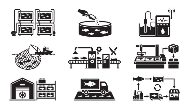 Aquaculture and fish farming industry production process line icons