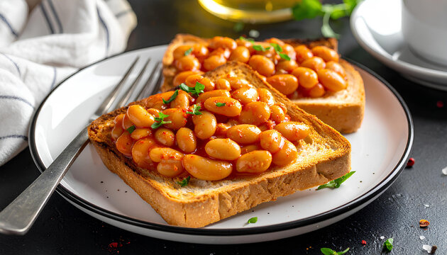 Baked beans on toast served on a white plate.