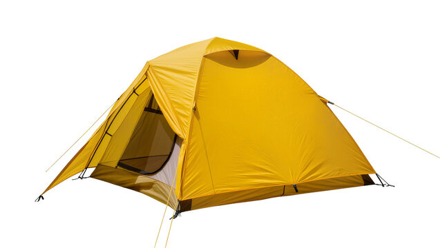 Bright yellow camping tent with guy lines and zippered door