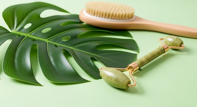 Jade roller brush and tropical leaf for skincare routine.
