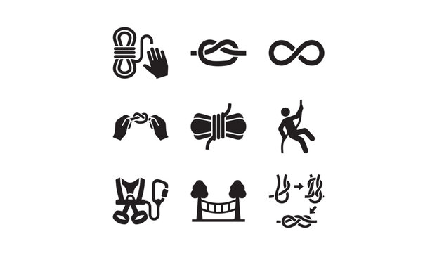Rock climbing knots rope work and adventure sport icon set with climbing