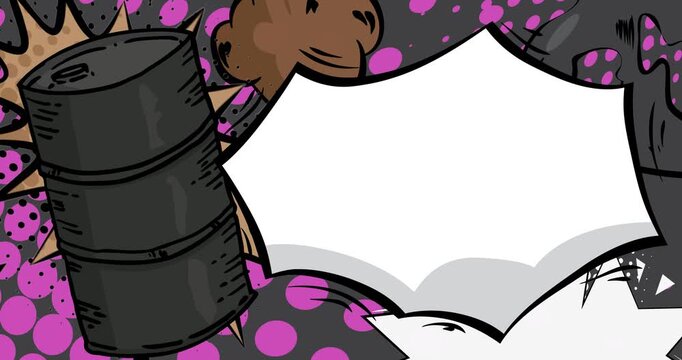 Cartoon Oil Barrel with blank speech bubble, comic book Fossil Fuel video. Retro comics pop art animation.
