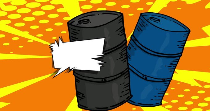 Cartoon Oil Barrel with blank speech bubble, comic book Fossil Fuel video. Retro comics pop art animation.