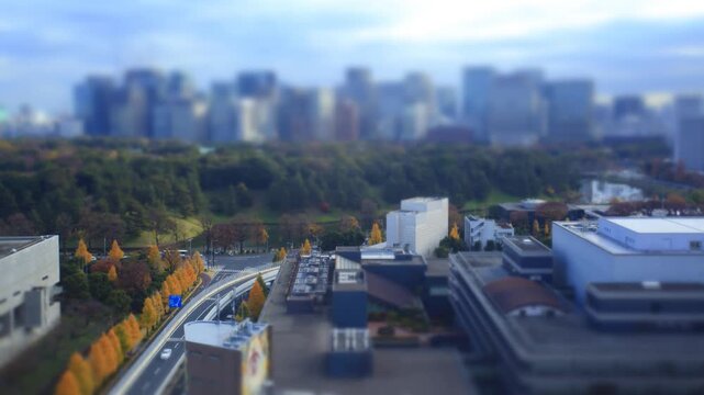 皇居と丸の内のビル群とイチョウ並木の一日のミニチュア風景
