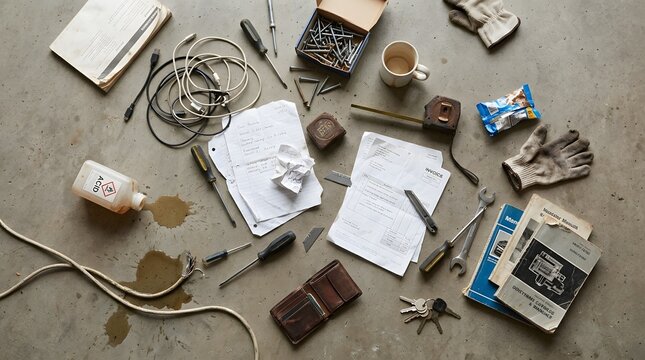 Disorganized collection of tools, documents, and miscellaneous items scattered across dirty concrete floor, including acid bottle, wires, screwdrivers, invoice, wallet, keys, and worn gloves.