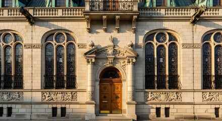 Fototapeta premium Sunlit Ornate Facade With Tall Arched Windows, Delicate Iron Grilles, and Sculpted Stone Doorway Beneath a Balcony, Highlighting the Refined Detail, Texture, and Romantic Character of Historic Europea