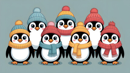 Fototapeta premium A group of cute penguins wearing winter hats and scarves in a studio setting