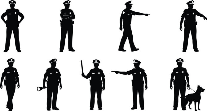 Collection of Police Officer Silhouettes in Various Poses Including Guarding Pointing Walking and K9 Unit for Law Enforcement Safety and Security Graphic Design Projects