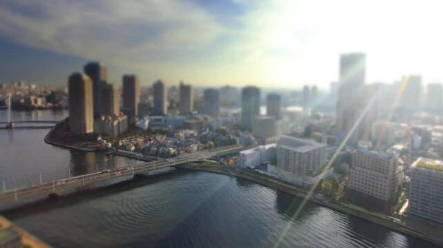 明石町から望む佃のマンション群と隅田川の一日のミニチュア風景