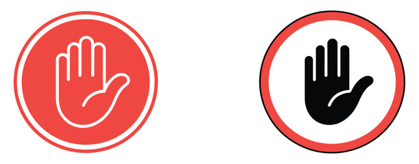 Obraz premium Stop hand signals in red and black indicating prohibition or halt, collection of raised palm icons symbolizing warning and restriction