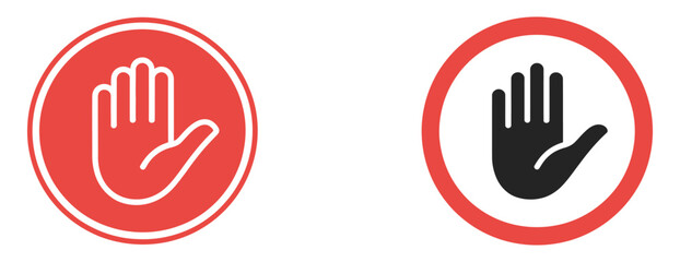 Obraz premium Stop hand signals in red and black indicating prohibition or halt, modern flat design set of hand gesture icons showing stop command