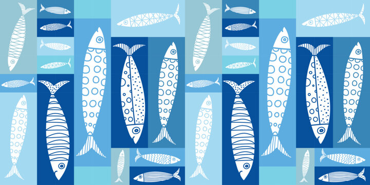 Cute blue sardines.  Kids background. Seamless pattern. 
Can be used in textile industry, paper, background, scrapbooking.