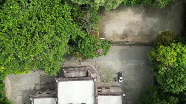 Top down aerial view of Parque Lage with courtyard garden and dense tropical forest in Rio de Janeiro, Brazil