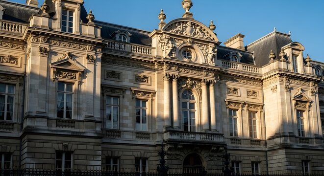 Monumental Stone Facade With Central Arched Window Framed by Paired Columns, Sculpted Pediment, and Mansard Roof, Highlighting the Refined Neoclassical and Baroque Detailing of a Historic European Civ
