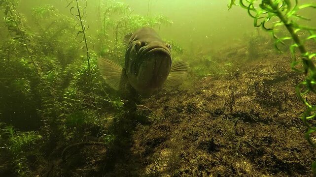 Underwater view of a largemouth bass Micropterus salmoides rising into a vertical posture to intimidate an intruder threatening its eggs, showing defensive spawning behavior in shallow freshwater habi