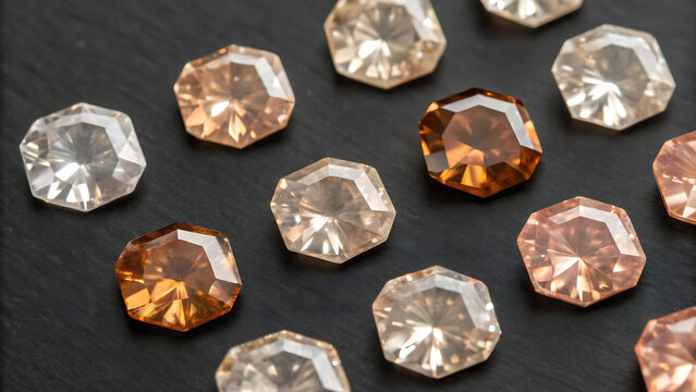 Collection of faceted raw gemstones on dark background with natural light reflection