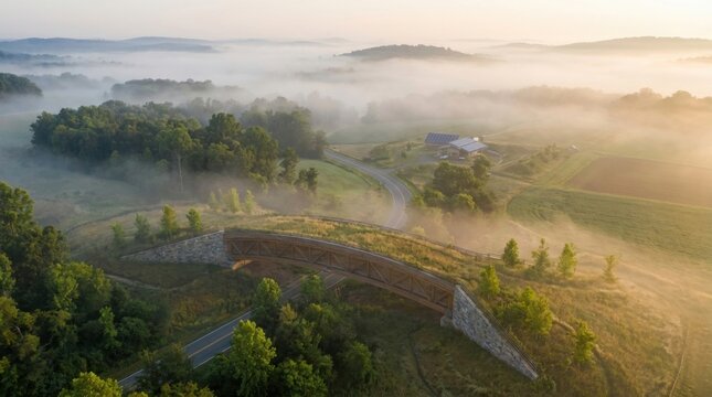 Morning mist drifting above a vegetated wildlife overpass linking farmland and woodland, symbolising landscape permeability, safe movement corridors, and evidence-led habitat connectivity design