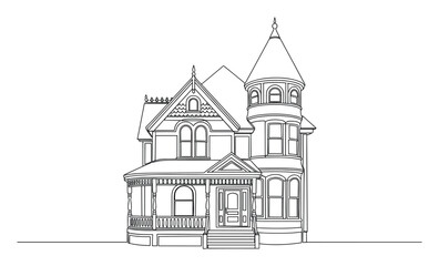 Fototapeta premium Detailed architectural drawing of a classic Victorian house with a prominent turret and porch ideal for historical projects or coloring book activities