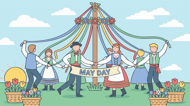People dancing around a colorful Maypole celebrating May Day festival.