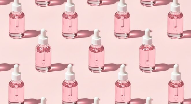 Pink serum bottles on pastel background skincare products.