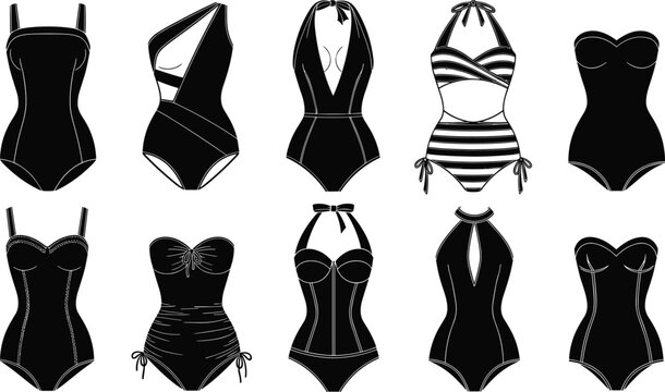 Vector Illustration Set of Women&rsquo;s One-Piece Swimsuits Featuring Black Monokinis Halter Necks and Strapless Bodysuits in Flat Technical Fashion Sketches