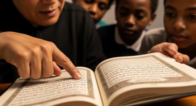 A teacher points to a passage in a book while a group of young students attentively listen and learn.