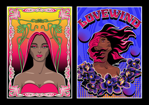 Beautiful Women Psychedelic Art Poster Set. Art Nouveau Decorative Frame, Flowers, Abstract Backgrounds, 1960s Psychedelic Colors